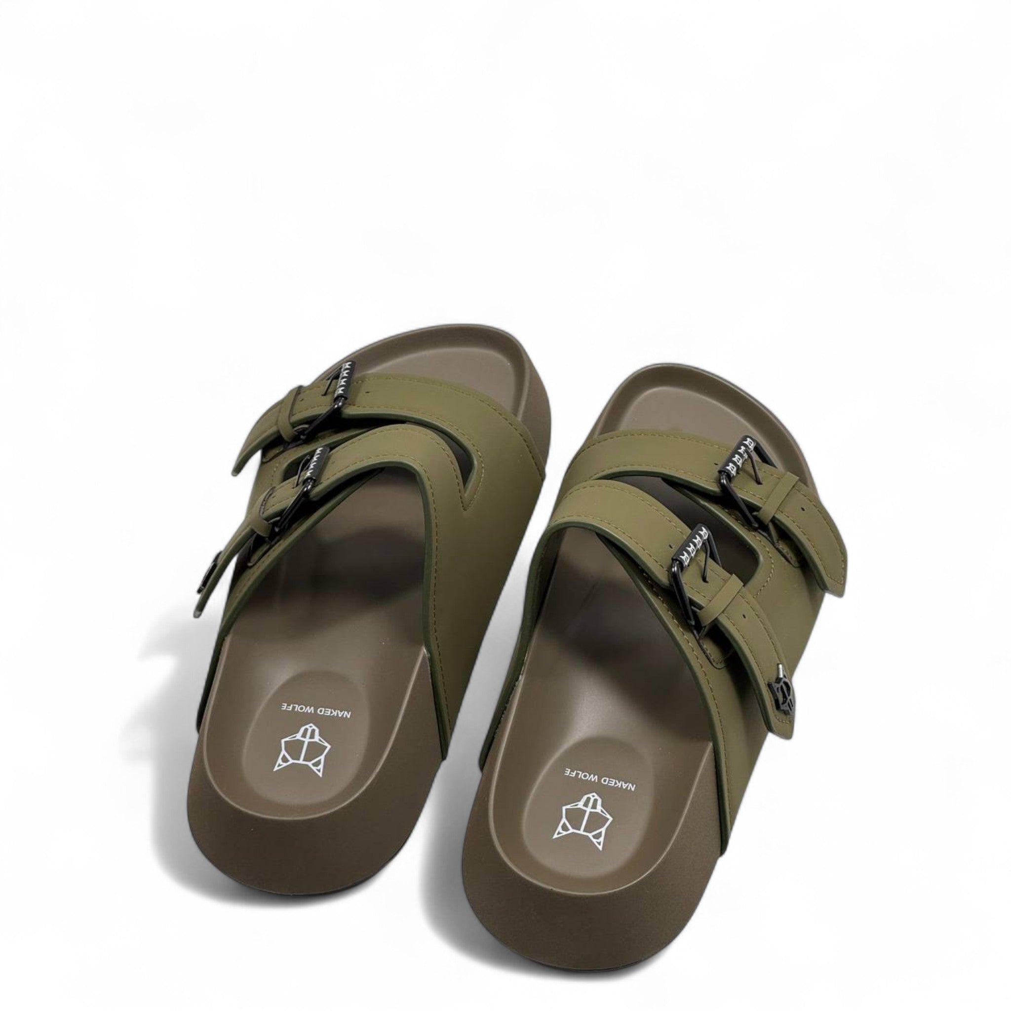 NAKED WOLFE Olive Double Buckle Slides 🐺 | Rugged Luxury Streetwear