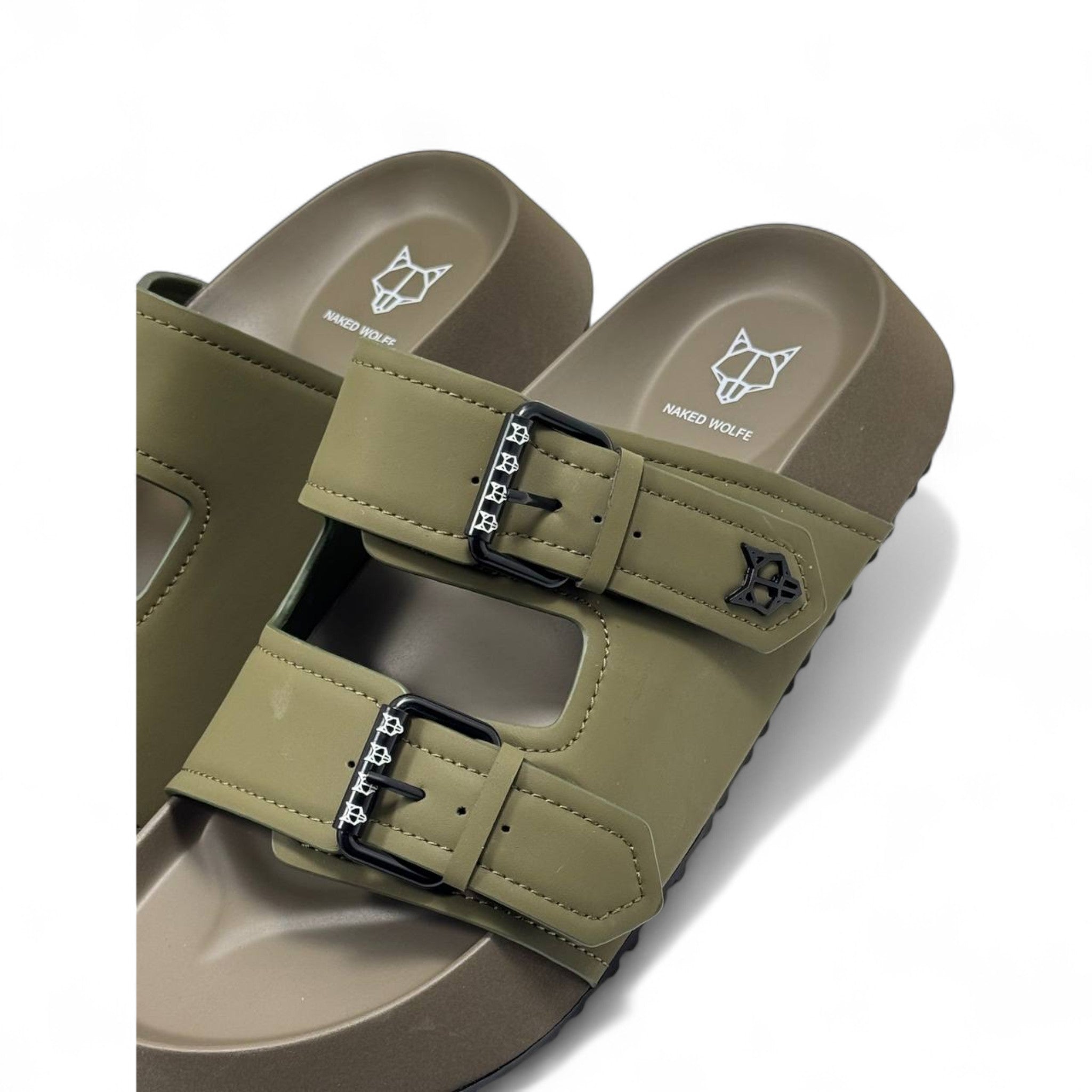 NAKED WOLFE Olive Double Buckle Slides 🐺 | Rugged Luxury Streetwear