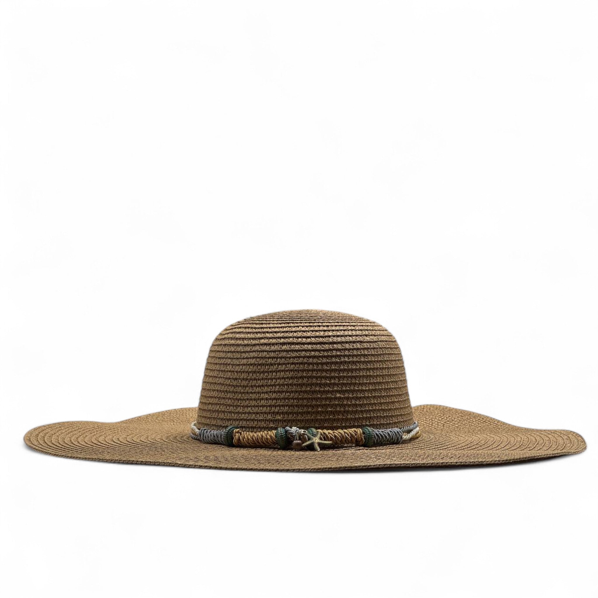 Bohemian Wide Brim Hat 🌾 Brown Straw Sun Hat with Rustic Tribal Band