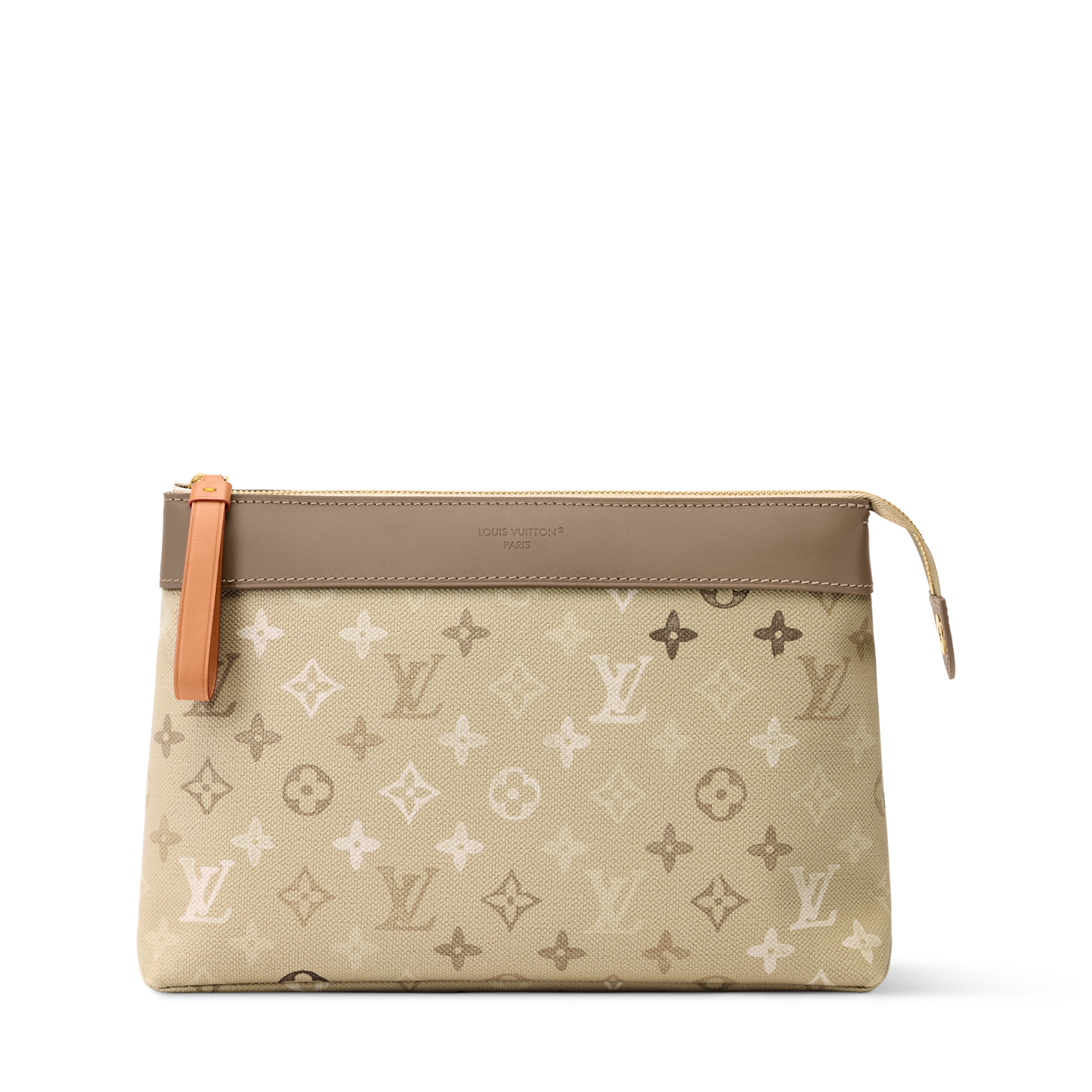 Louis Vuitton beige monogram zipper pouch with tan trim and wrist strap