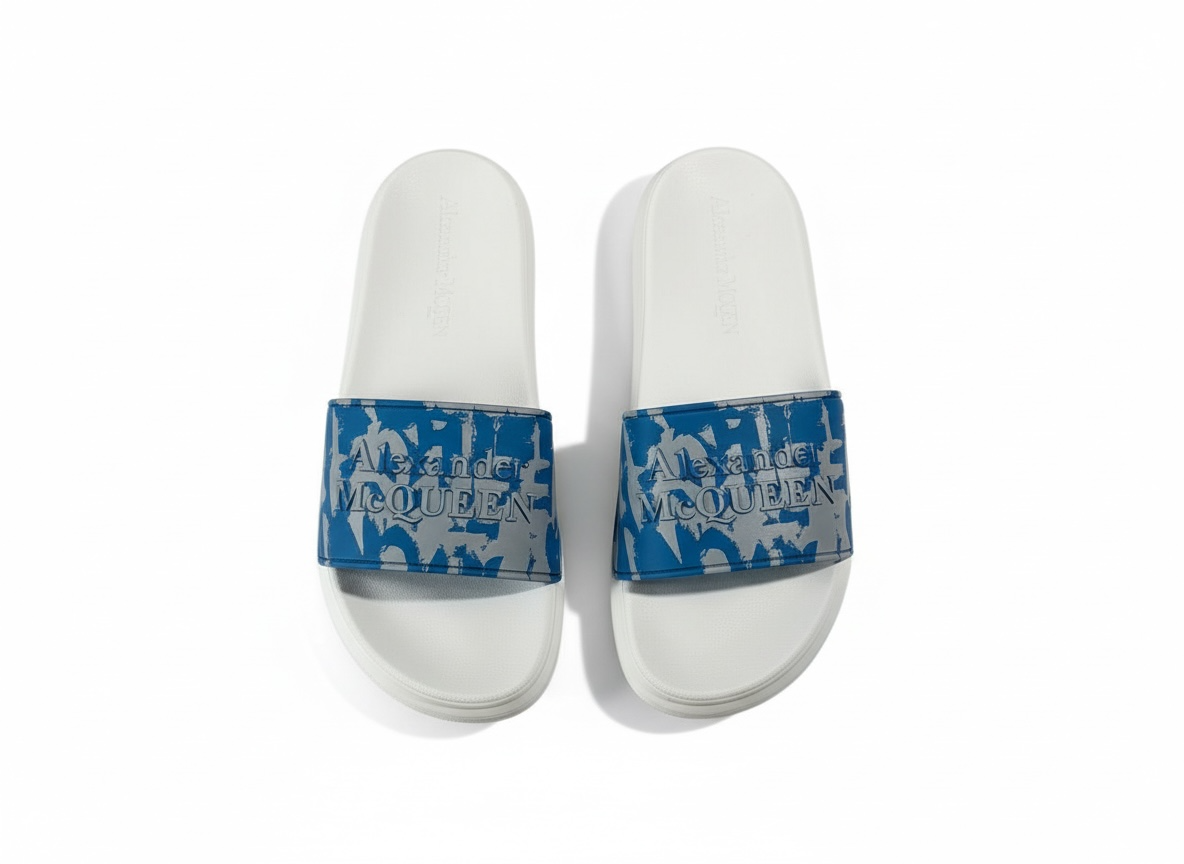 Alexander McQueen Urban Graphic Slide Sandals – Blue & White Luxury Streetwear 💙✨