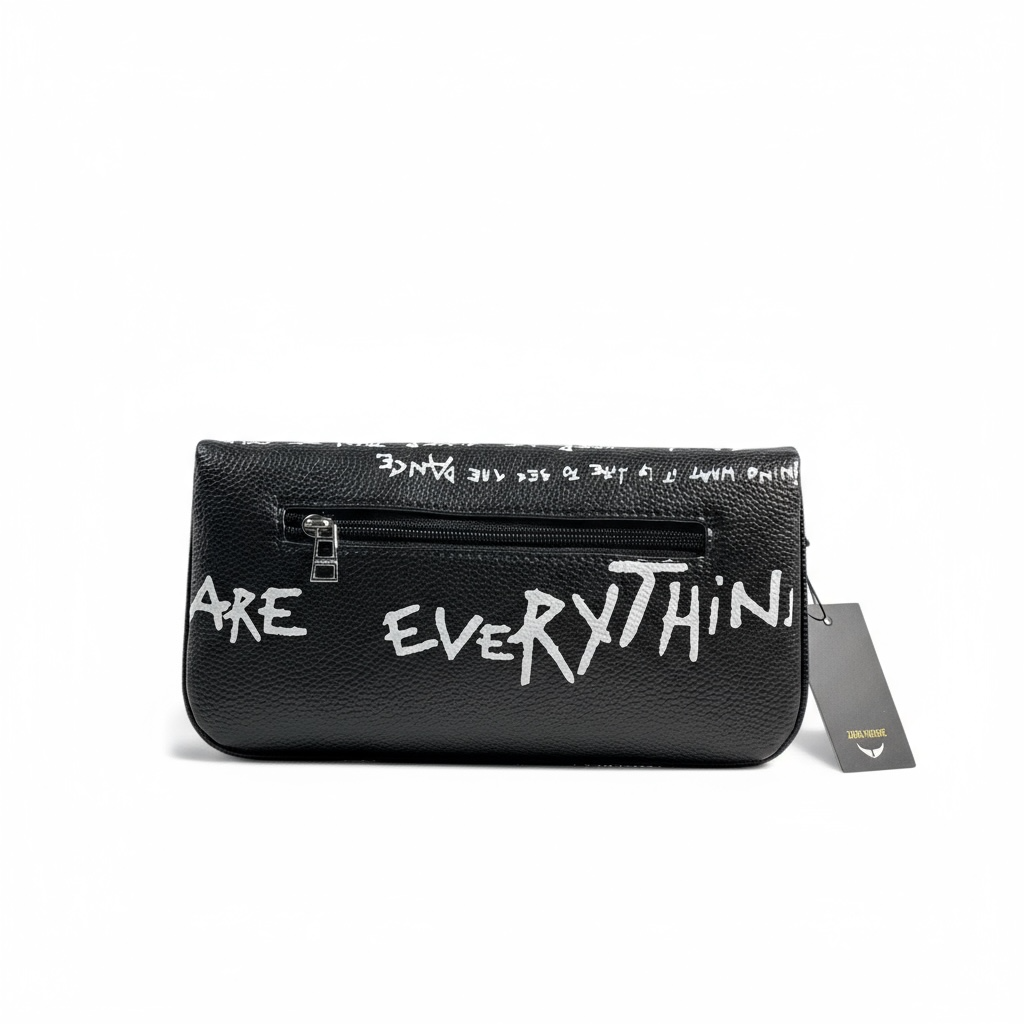 Zadig & Voltaire Graffiti Black Leather Clutch 🖤✍️ | Edgy Parisian Chic