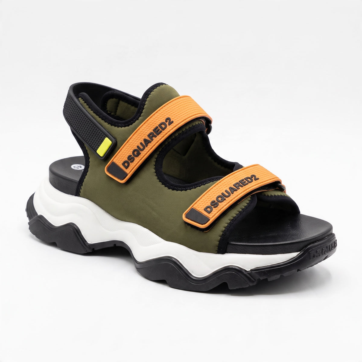 Dsquared2 olive sandal with orange branded straps and chunky sole
