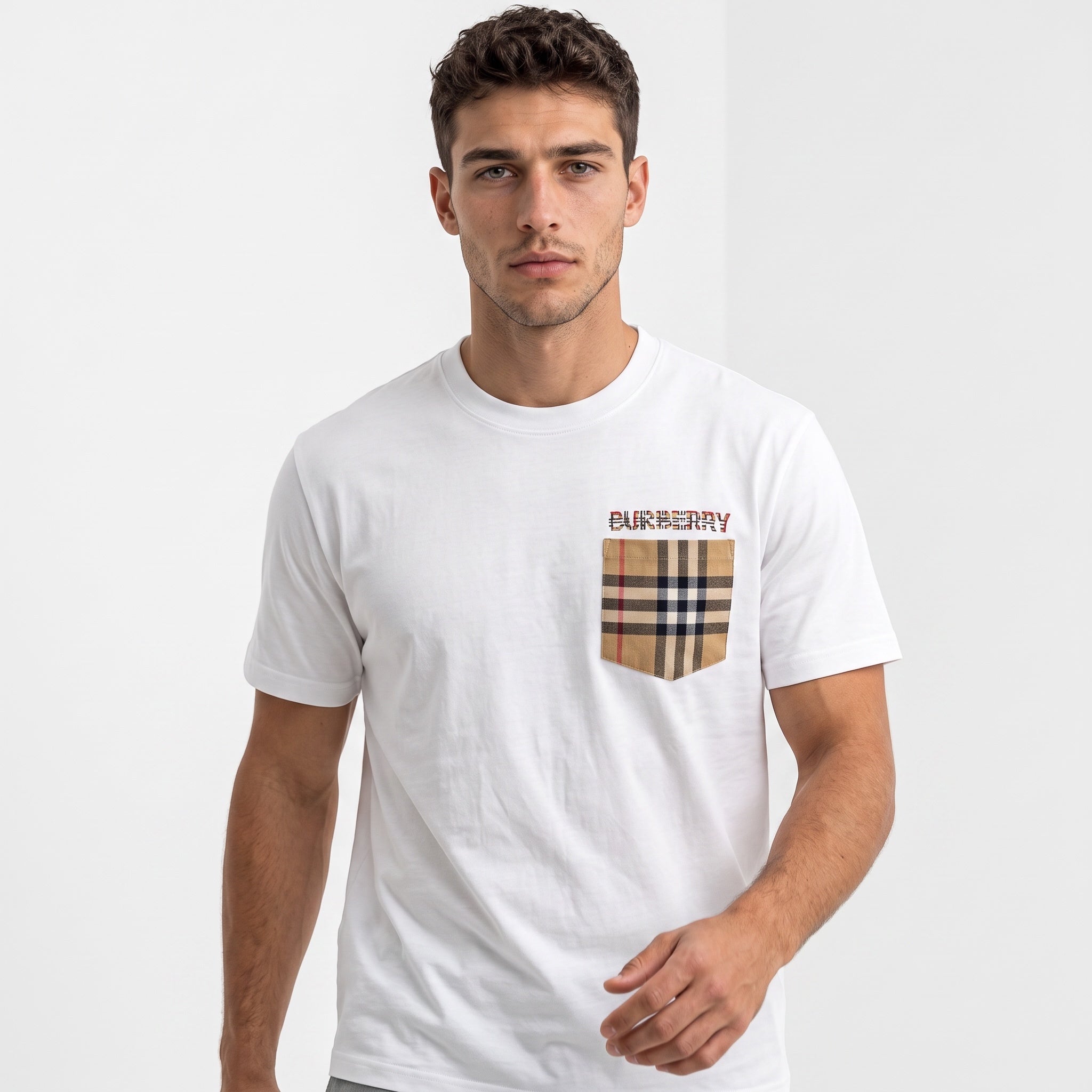 White Burberry t-shirt with checked chest pocket and BURBERRY logo