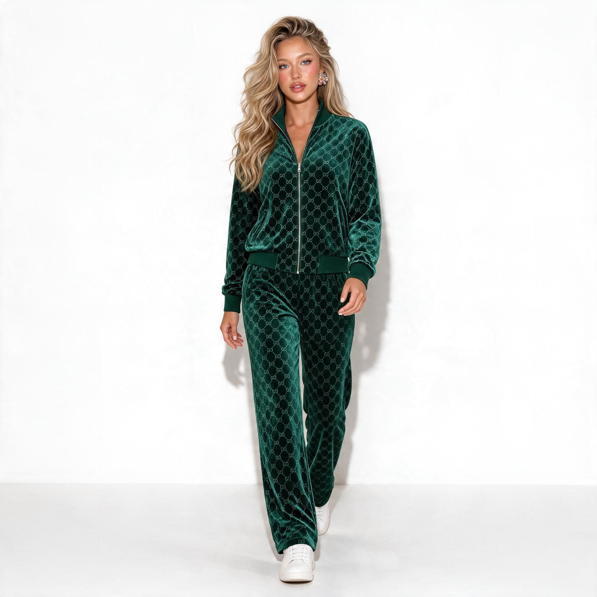 emerald green velour Gucci-style track jacket and matching pants with GG pattern
