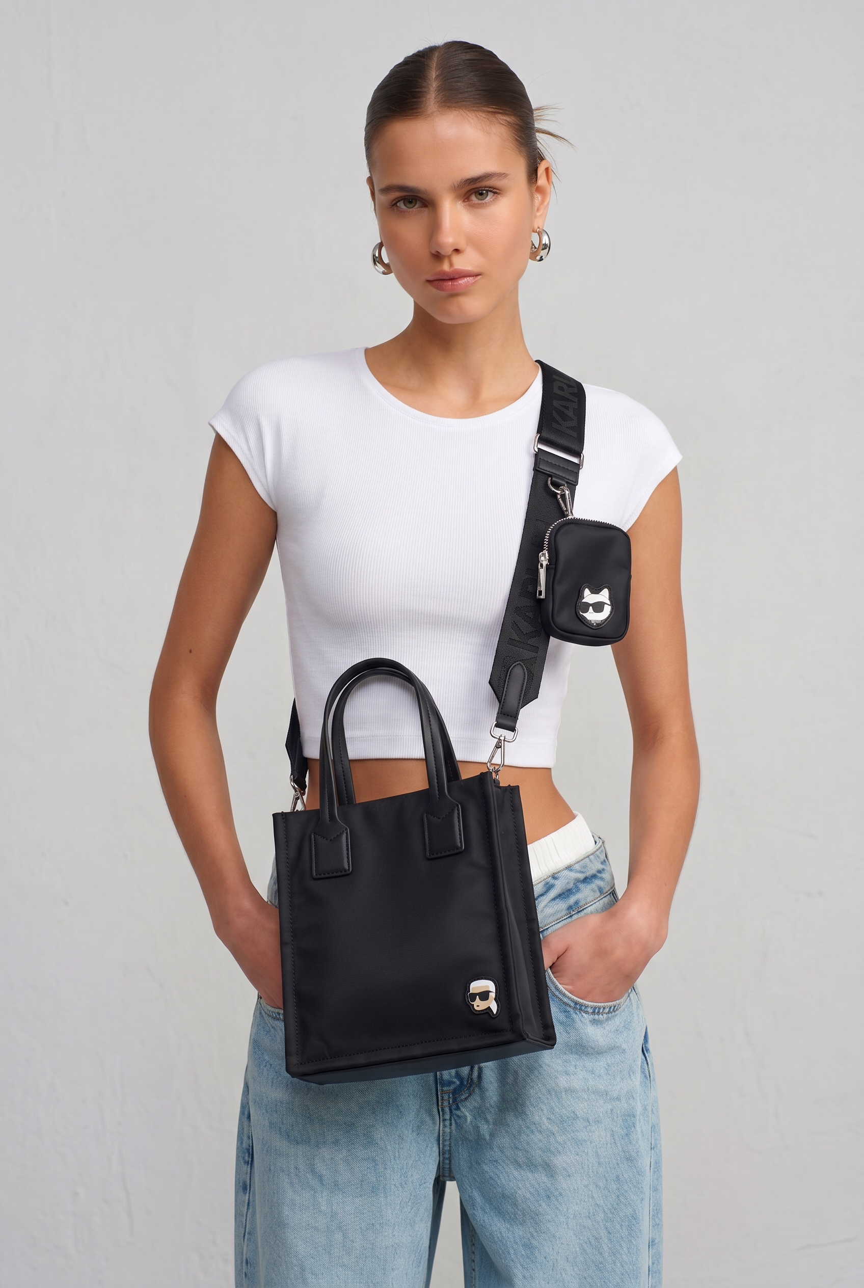 KARL LAGERFELD Mini Black Tote Bag 🖤✨ | Crossbody Set with Pouch