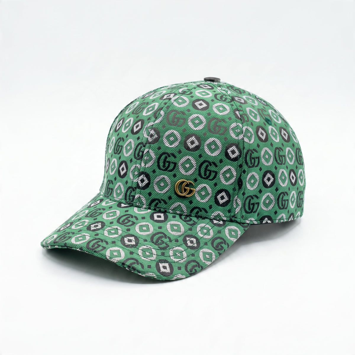 Green Gucci baseball cap with all-over GG pattern and gold double-G emblem