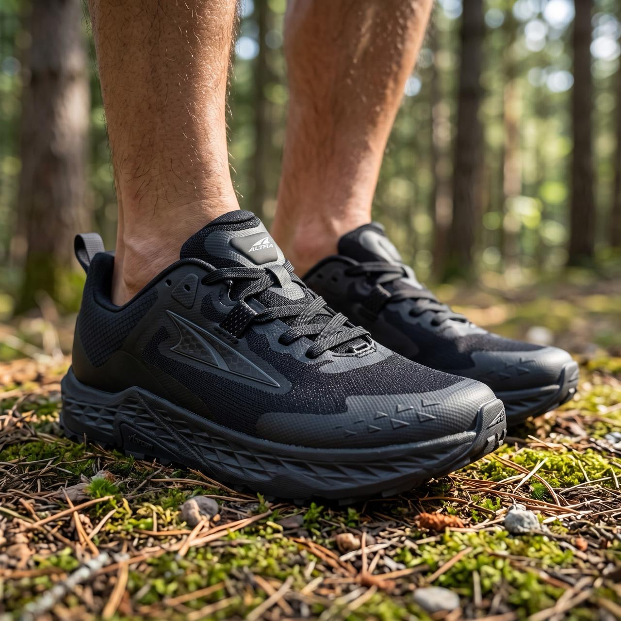 Altra black trail running shoes with Vibram outsole shown on feet