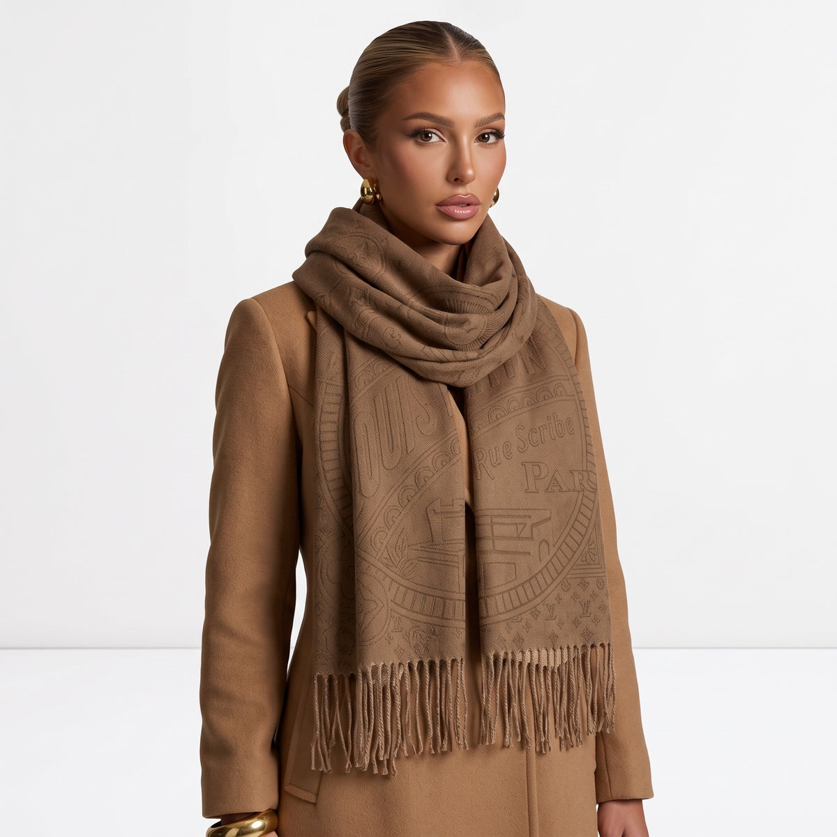 Brown Louis Vuitton monogram fringed shawl wrapped on model