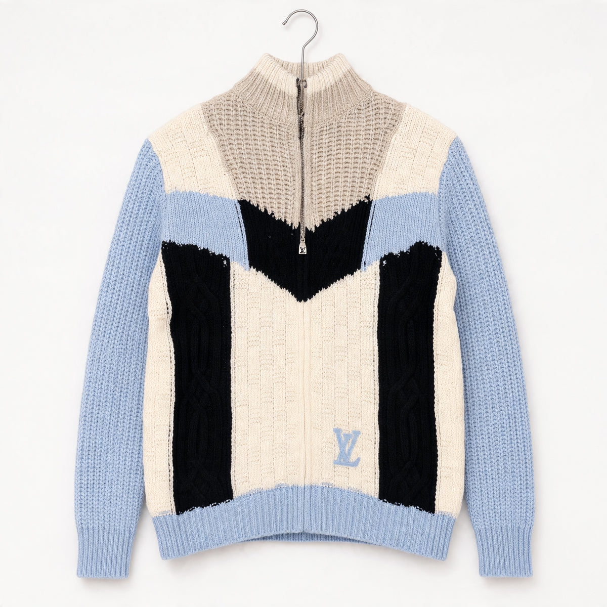 Louis Vuitton cable-knit zip sweater in light blue cream and black with LV zipper pull