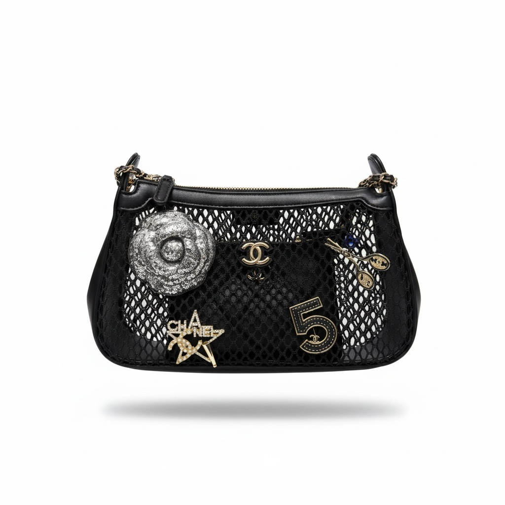 CHANEL Mesh Charm Shoulder Bag – Black Edition 🖤✨