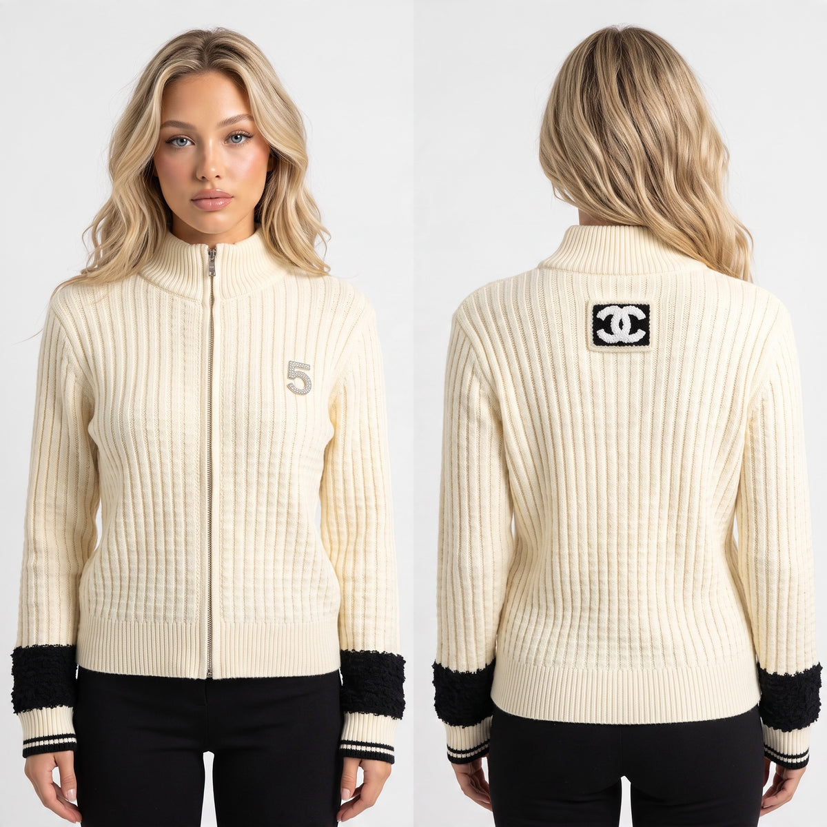 Cream ribbed zip cardigan with black cuff bands and Chanel CC patch on back