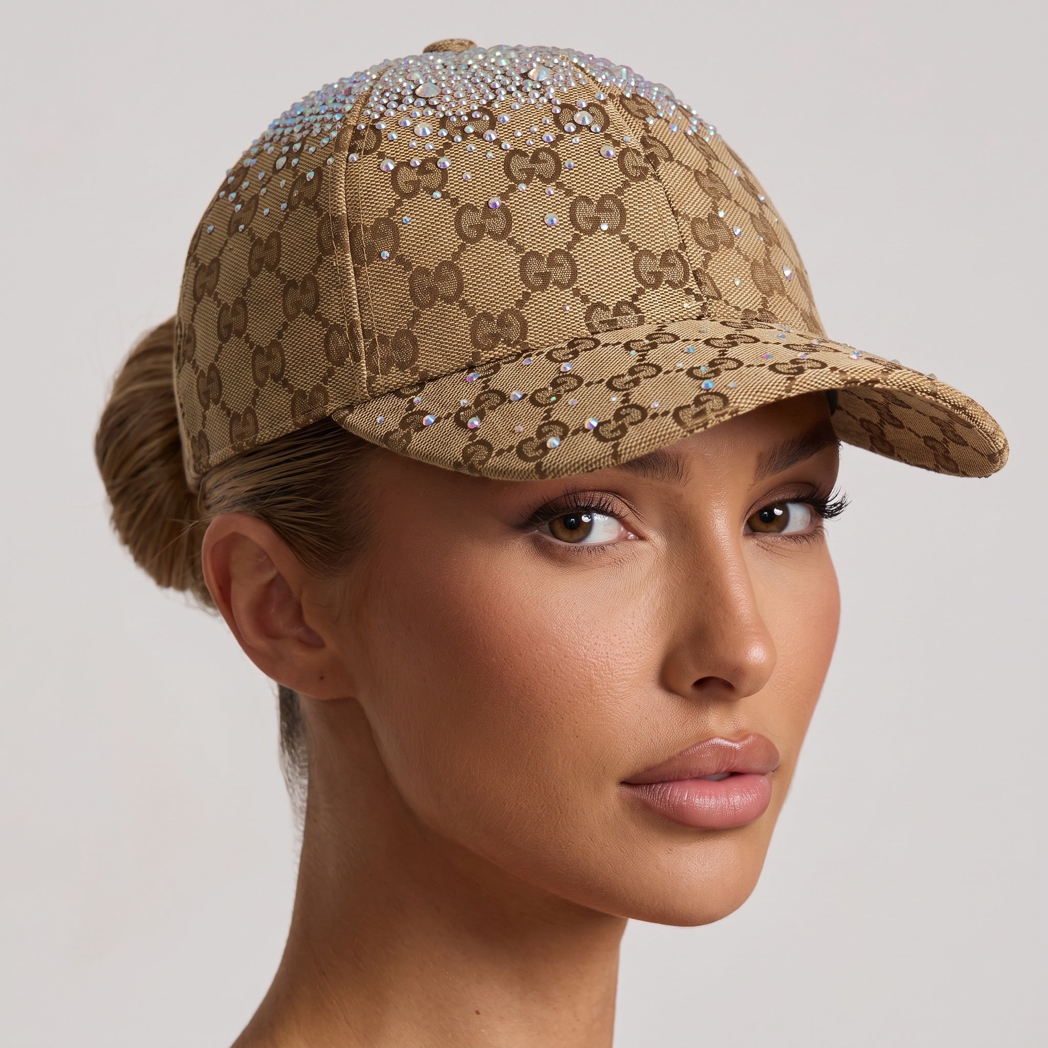 Beige GG monogram baseball cap with crystal embellishments on the crown