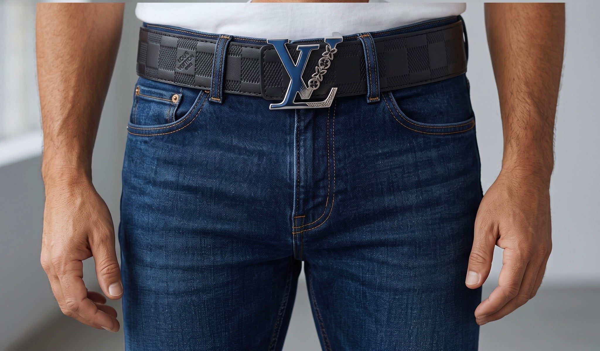Louis Vuitton black Damier belt with blue LV buckle worn on jeans