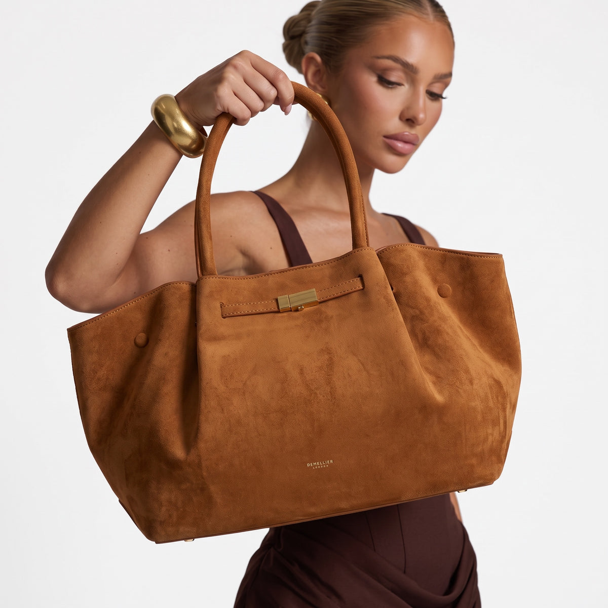Demellier tan suede large tote with top handles and gold clasp