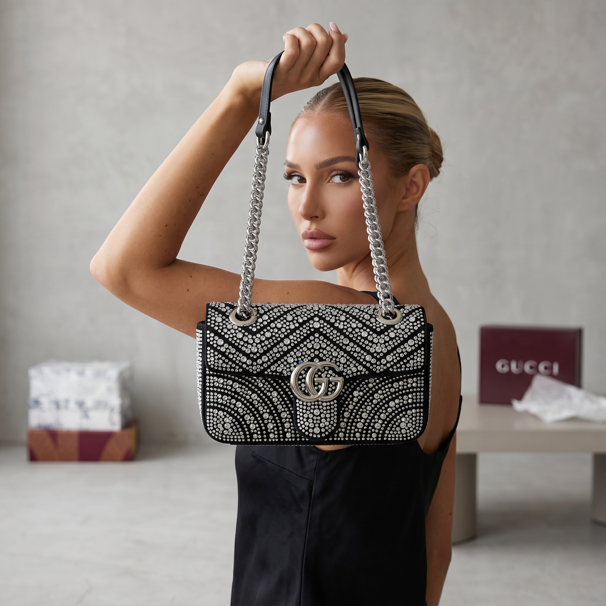 ✨ Gucci GG Marmont Crystal Embellished Shoulder Bag – Black Diamond Edition ✨