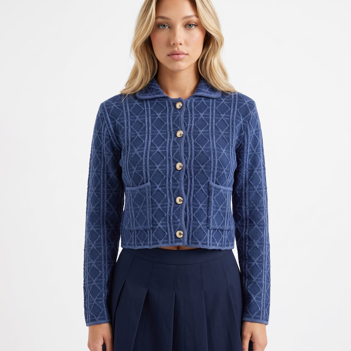 blue cropped geometric jacquard knit cardigan with collar and gold buttons