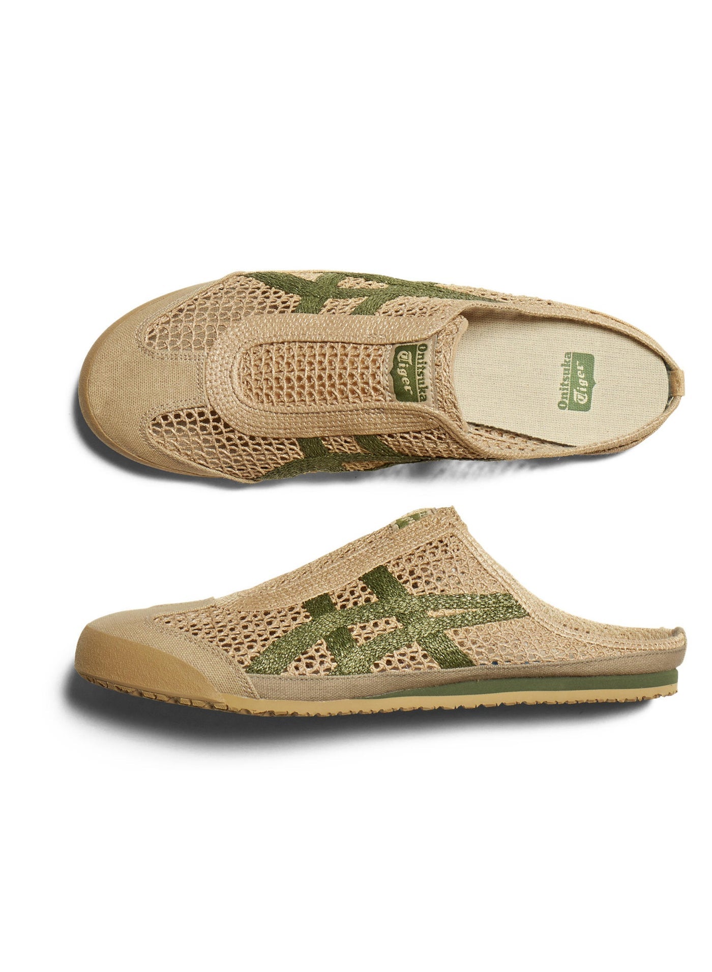 Onitsuka Tiger tan open-weave slip-on mule with green stripes