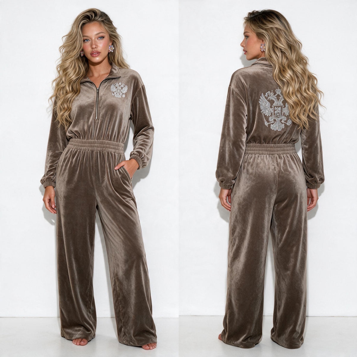 taupe velour jumpsuit with half zip collar, elastic waist, wide legs and embellished crest on chest and back