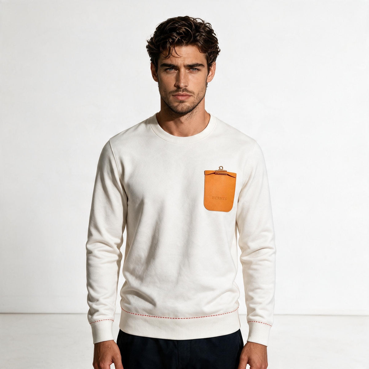 Ivory Hermès crewneck sweatshirt with orange pocket and gold clip