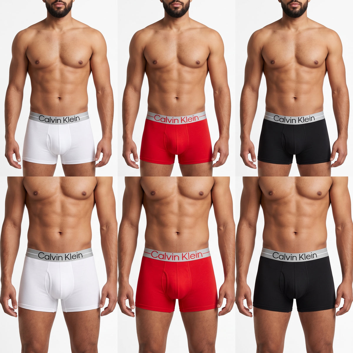 Three Calvin Klein boxer briefs in white red and black on models showing logo waistband
