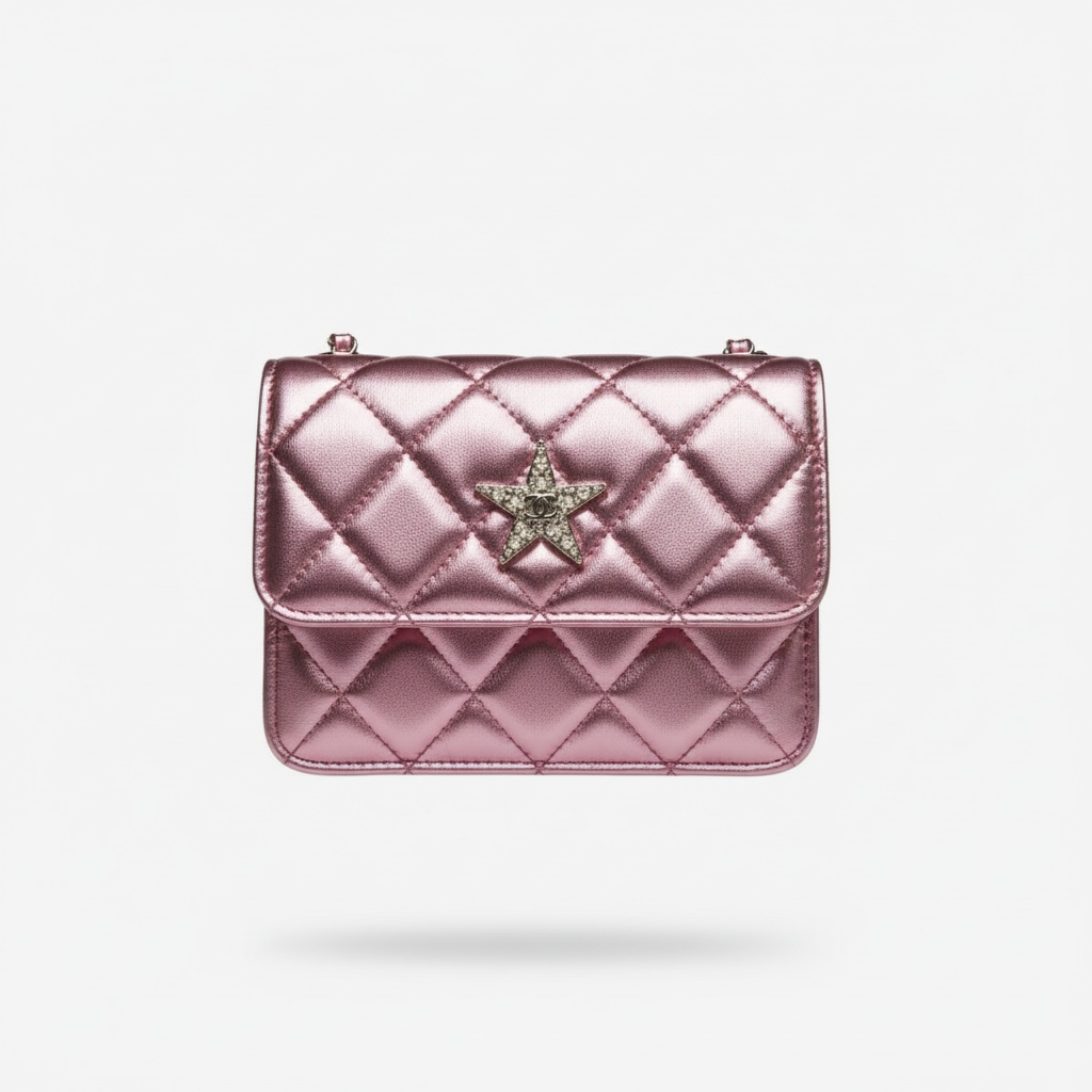 Chanel Quilted Metallic Pink Mini Flap Set – Star Detail & Matching Pouch 💗✨