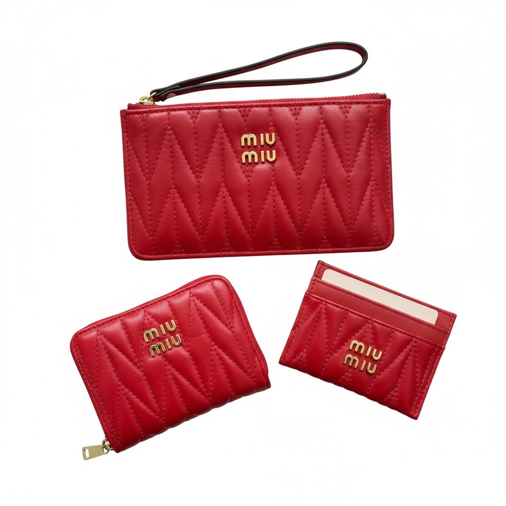 ❤️ Miu Miu Red Quilted Leather Wallet & Card Holder Set ✨