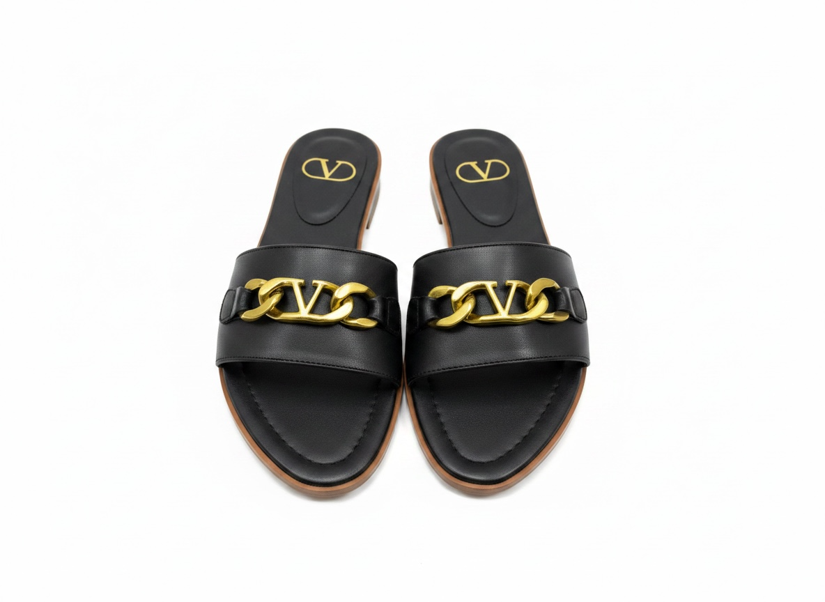 Valentino VLogo Black Slide Sandals 🖤✨ Gold Chain Edition