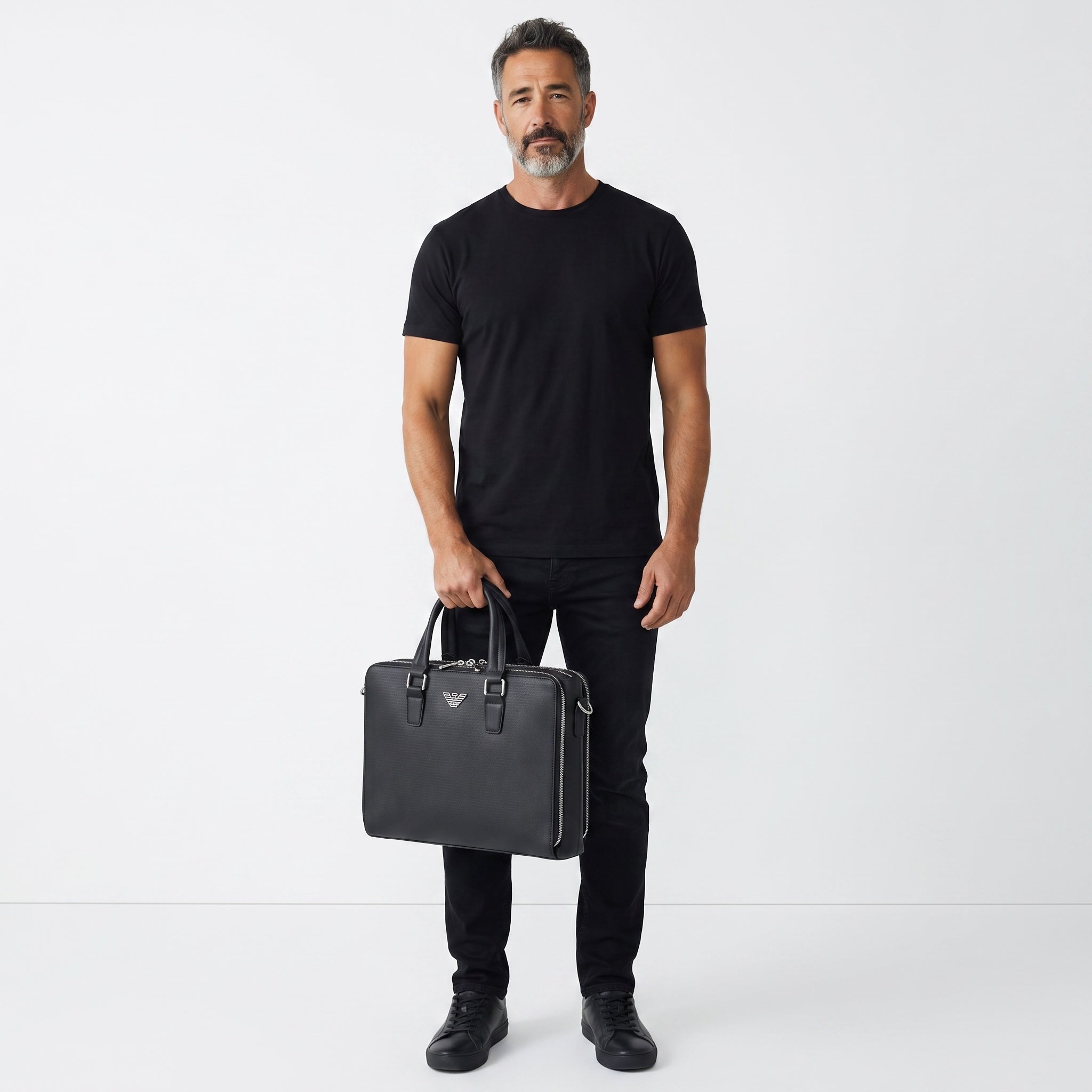 Emporio Armani black pebbled briefcase with metal logo and zippers