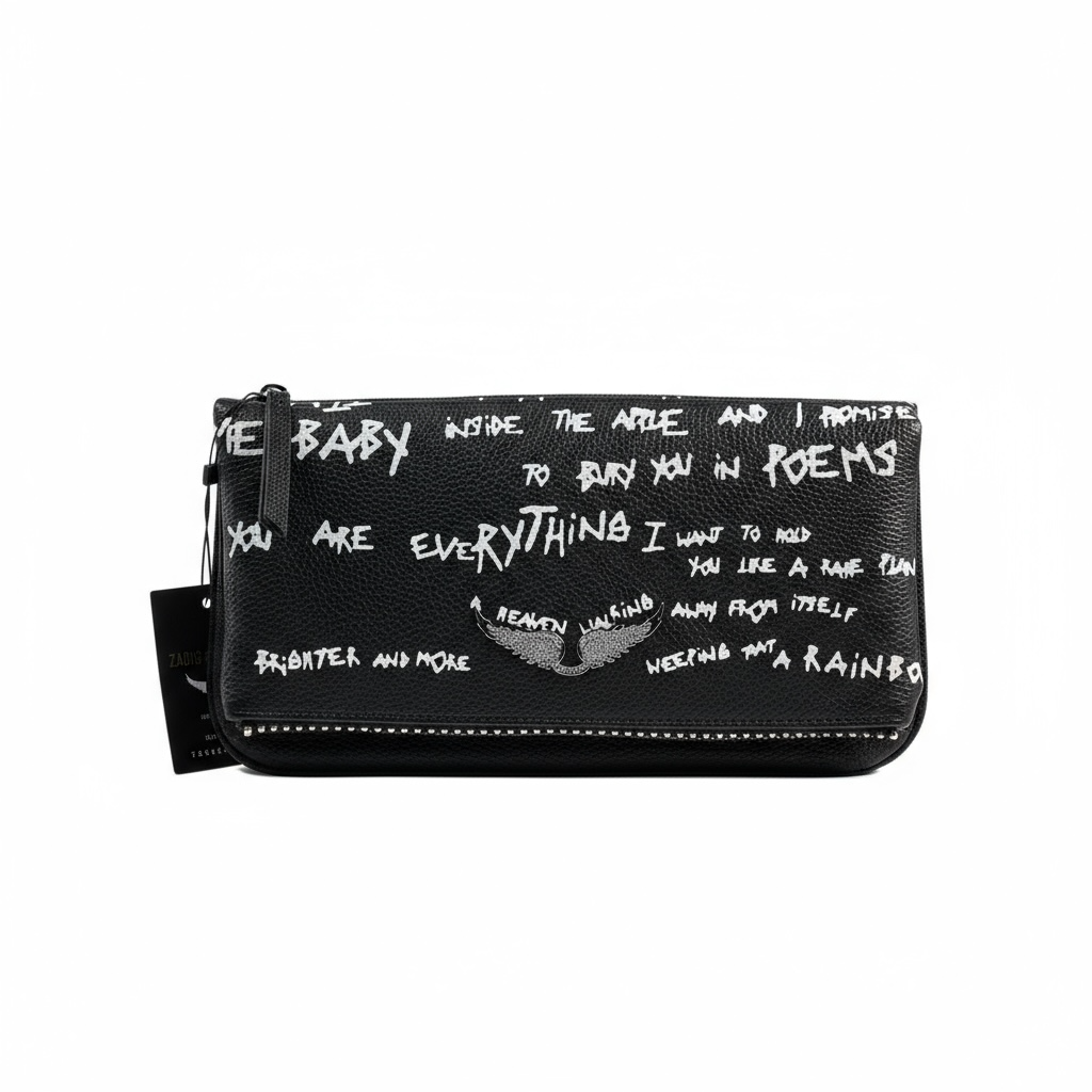 Zadig & Voltaire Graffiti Black Leather Clutch 🖤✍️ | Edgy Parisian Chic