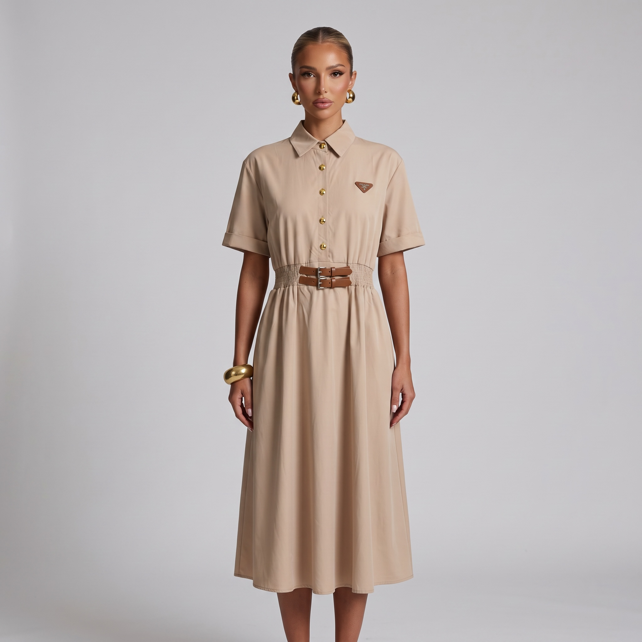 🤍 Prada Belted Shirt Midi Dress – Beige one size