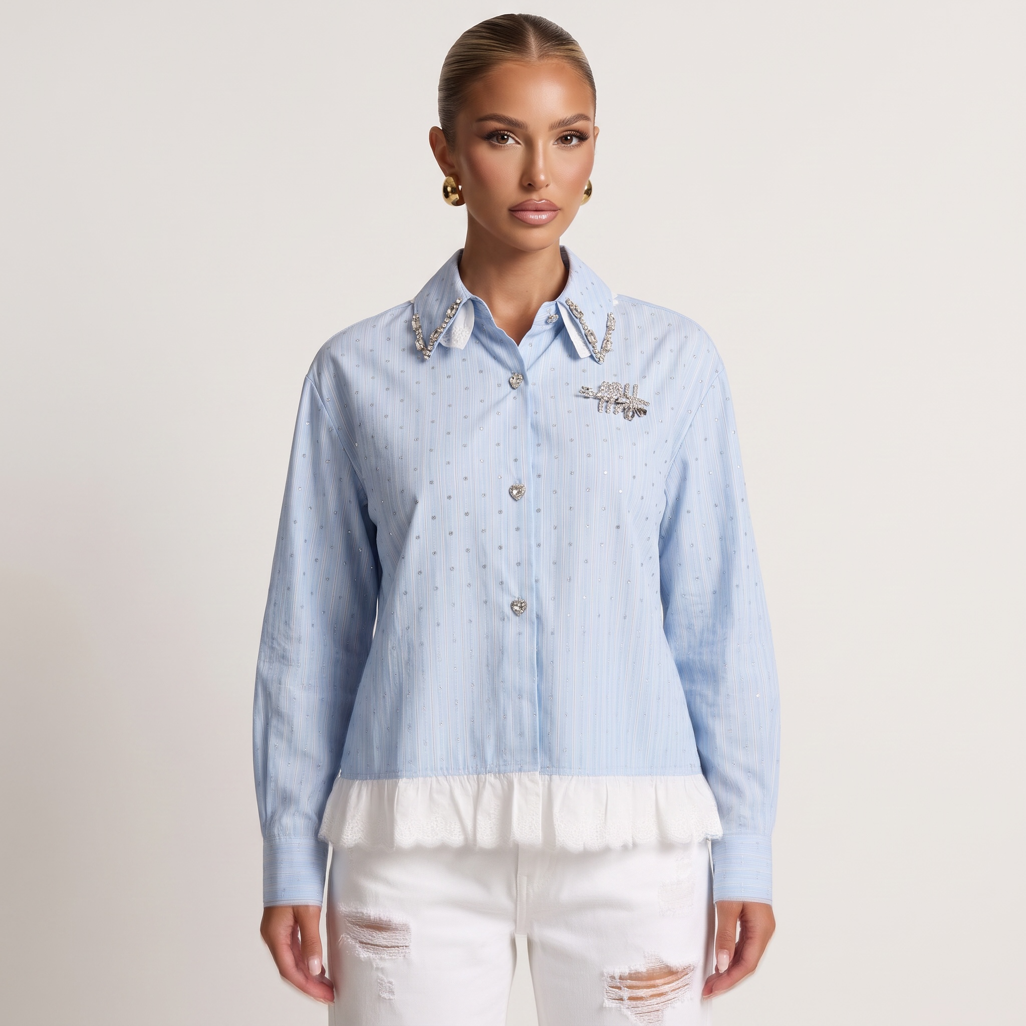 Miu Miu Crystal Collar Lace Hem Shirt one size