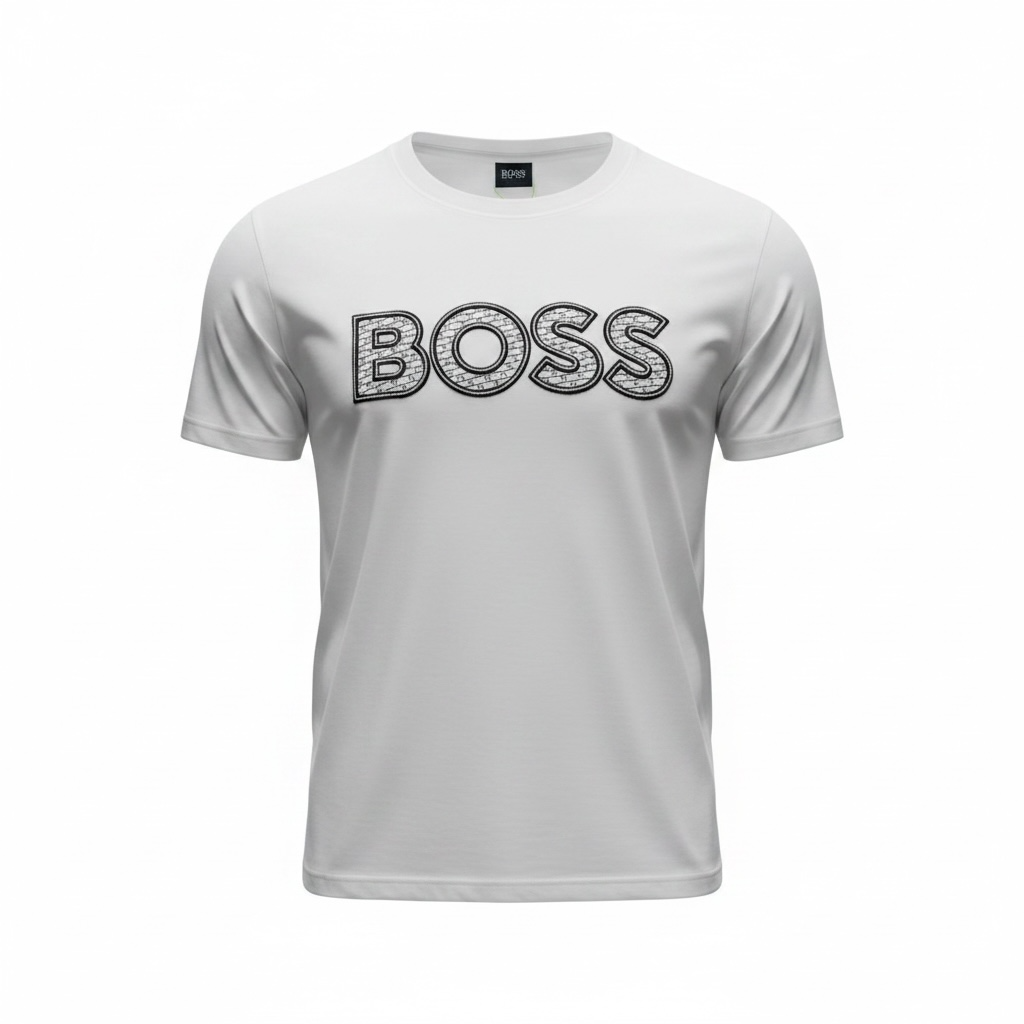 HUGO BOSS White Textured Logo T-Shirt 🤍🖤 Premium Statement Edition