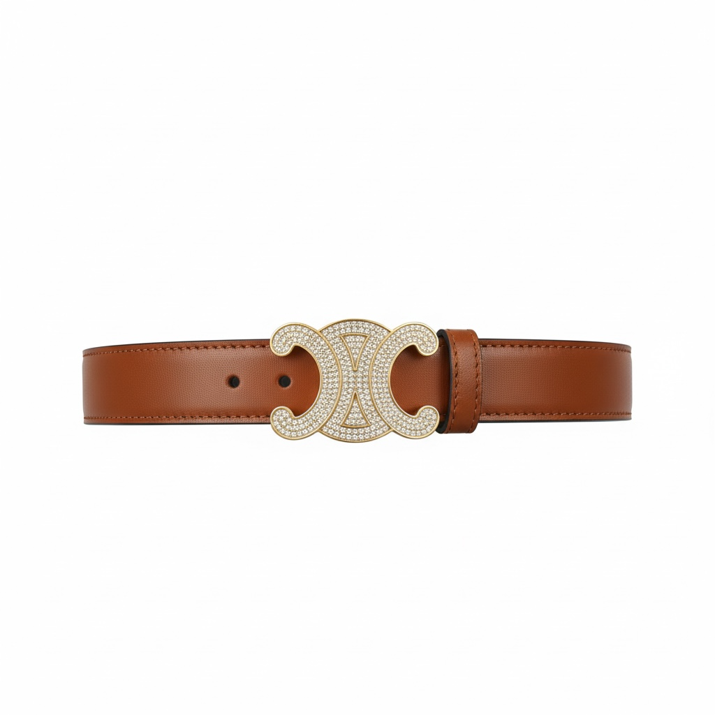 Celine Triomphe Crystal Buckle Leather Belt 🤎✨