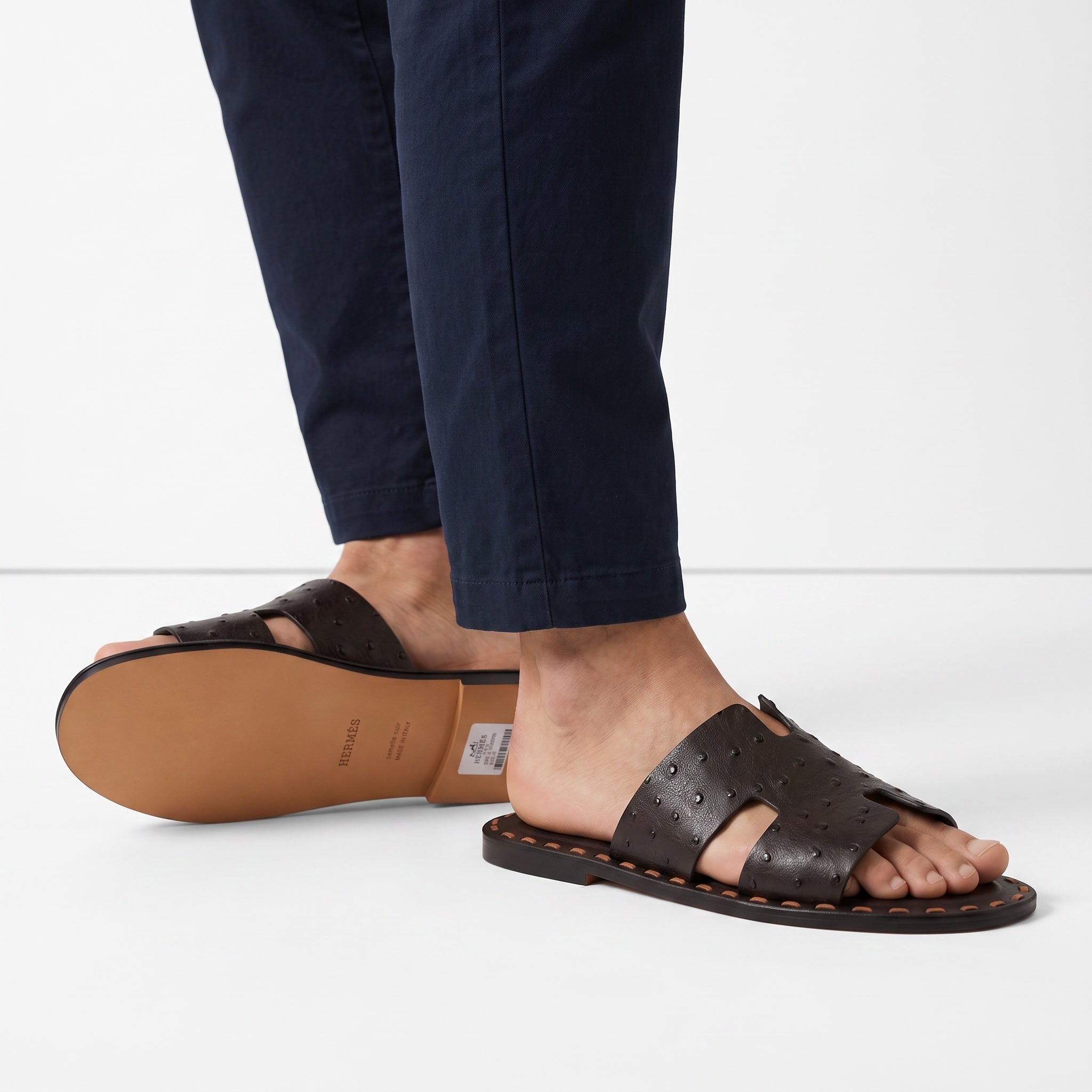Hermès dark brown studded leather slide sandal with leather sole