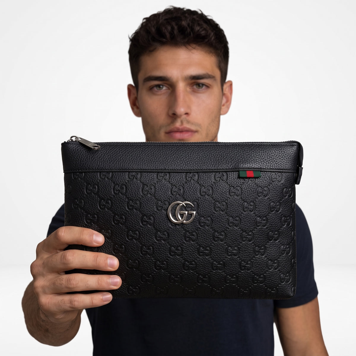 Black Gucci embossed GG pouch with double G logo and green-red web tab