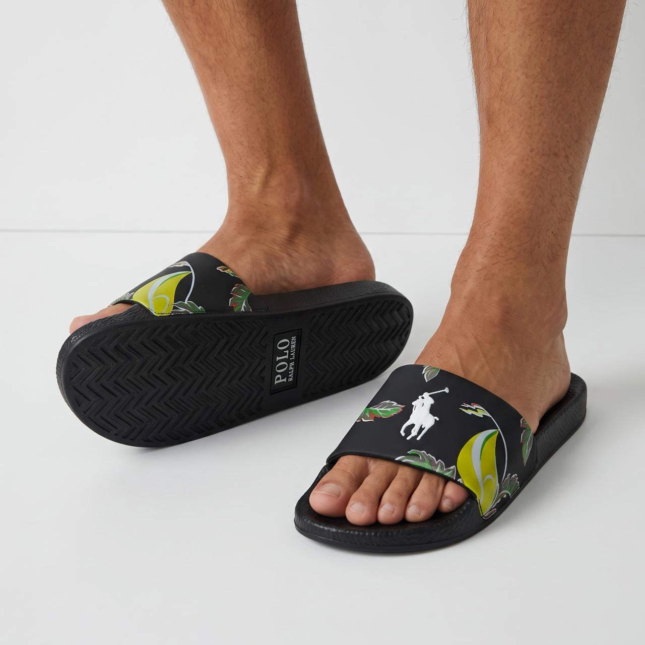 Polo Ralph Lauren black slides with tropical print and white Pony logo