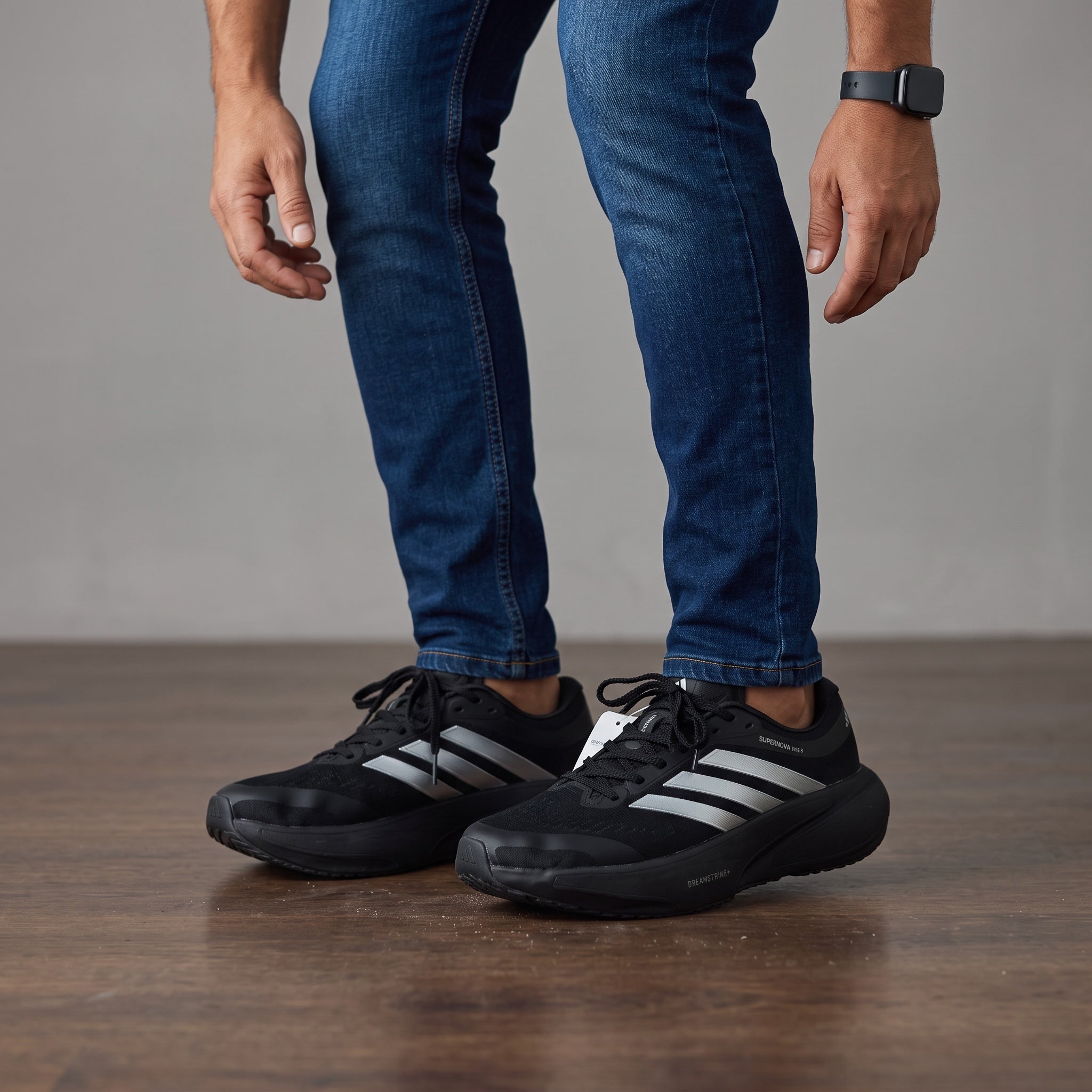 adidas supernova rise 3 black sneakers with silver stripes