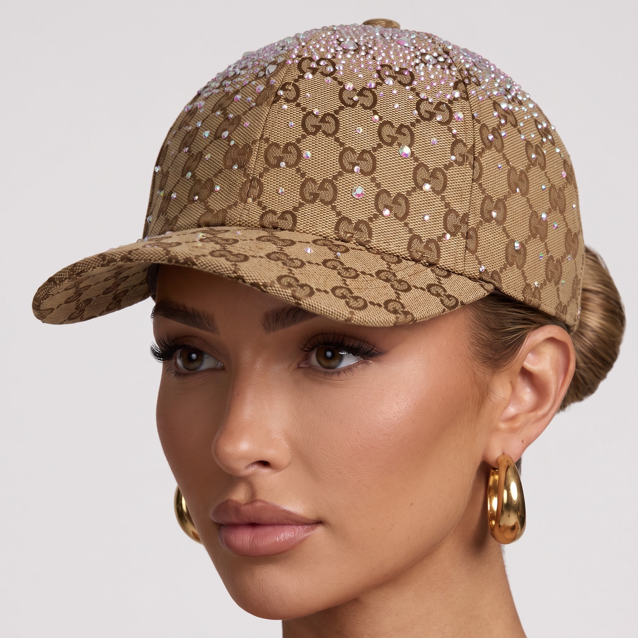 Beige GG monogram baseball cap with crystal embellishments on the crown