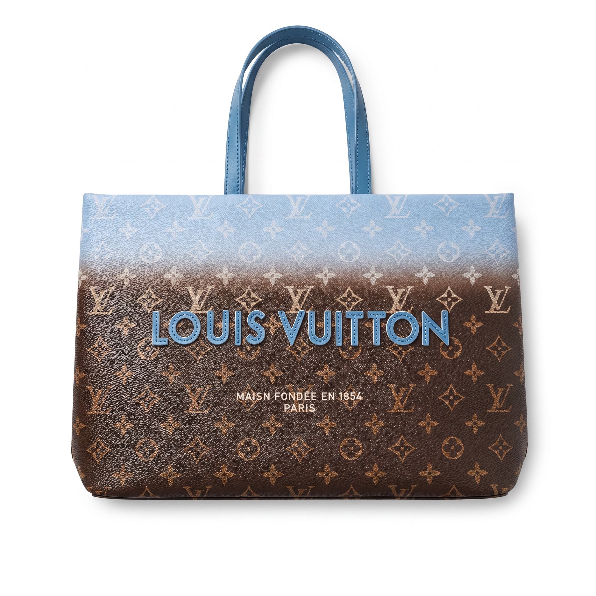 Louis Vuitton monogram tote with blue-to-brown gradient and blue logo letters