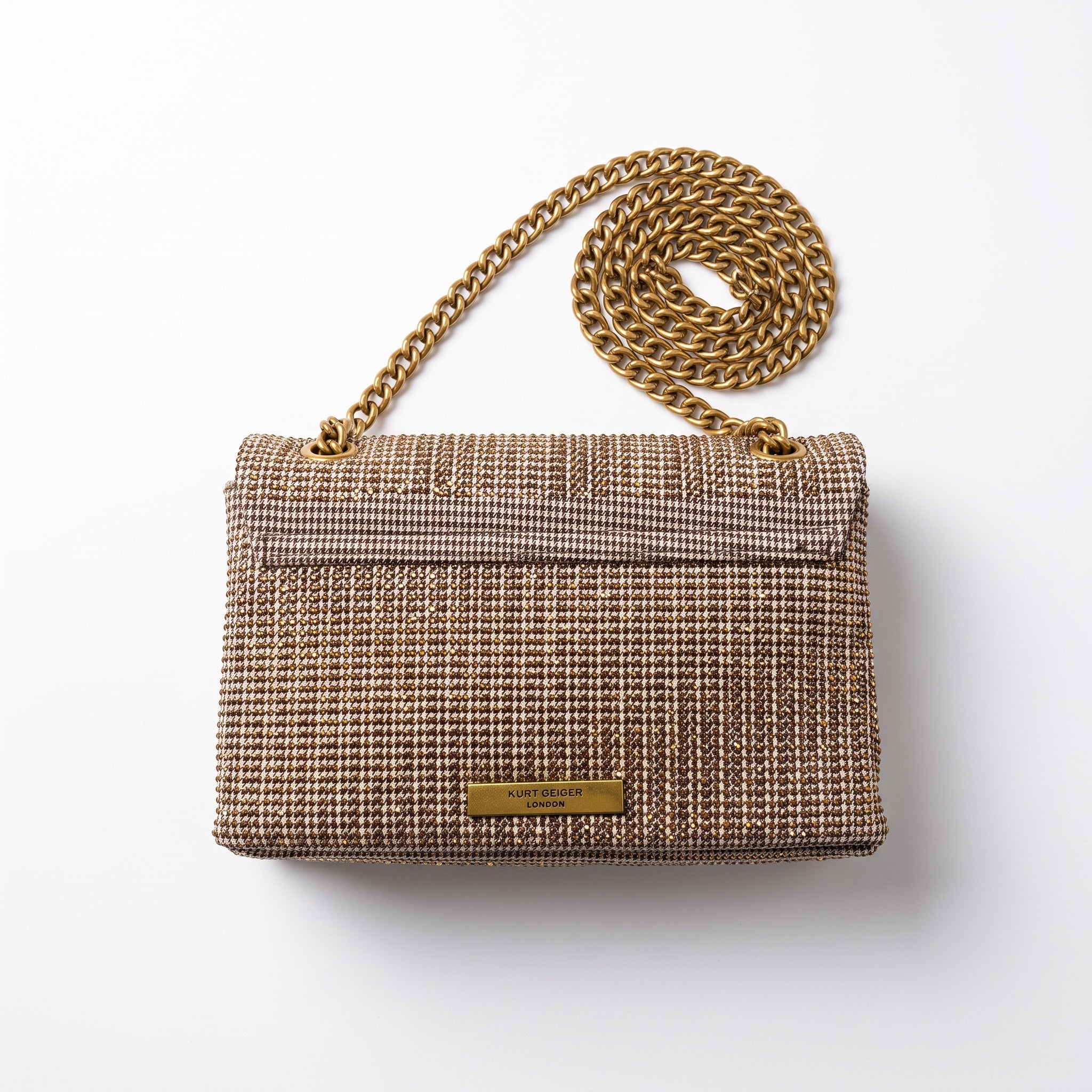 Kurt Geiger brown tweed shoulder bag with antique gold chain and snake head clasp