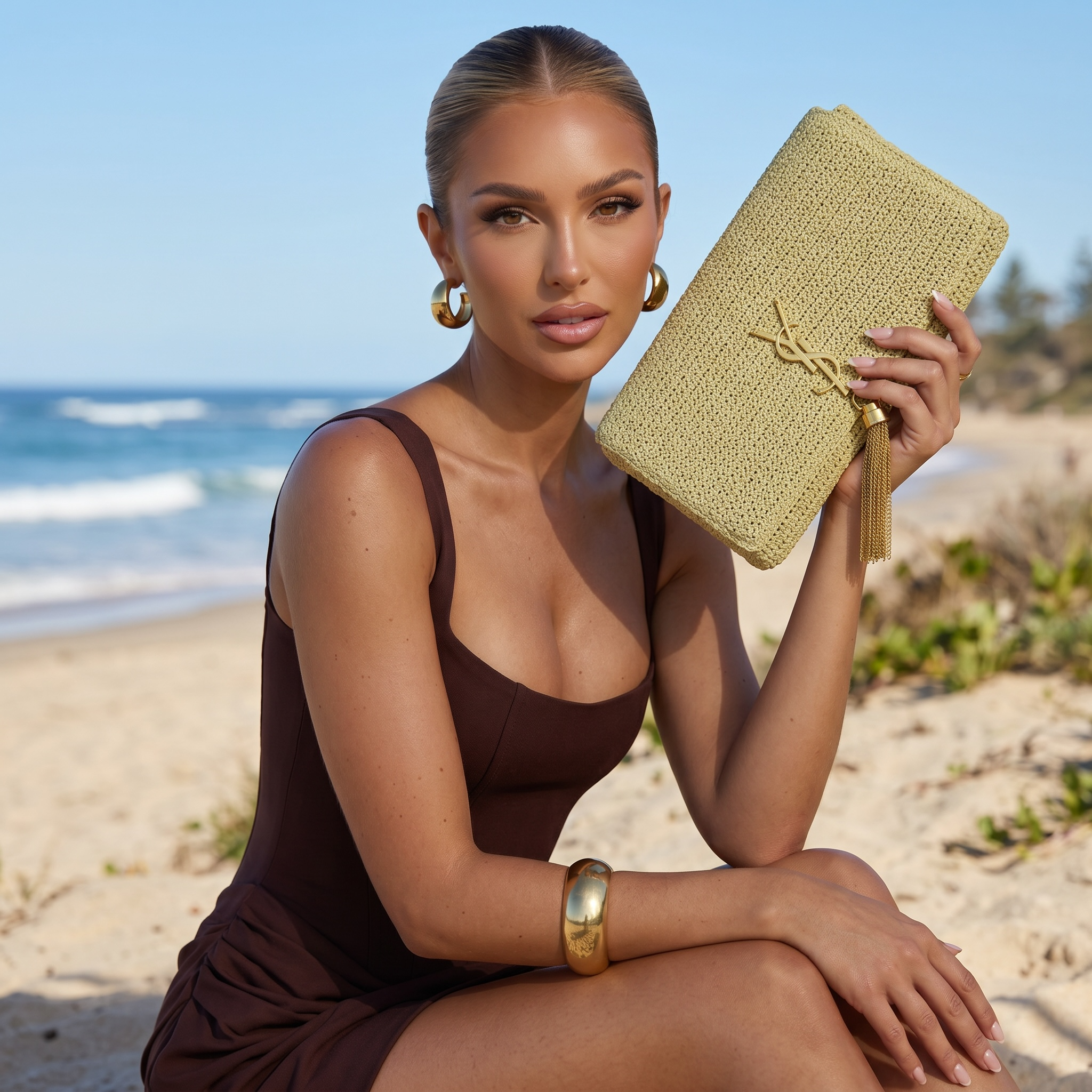 ✨ Saint Laurent Kate Raffia Tassel Clutch – Natural Beige Luxury Edition 🤍