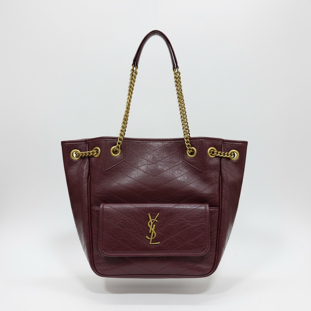 🤎 Saint Laurent Burgundy Quilted Leather Tote – YSL Chain Shoulder Bag ✨
