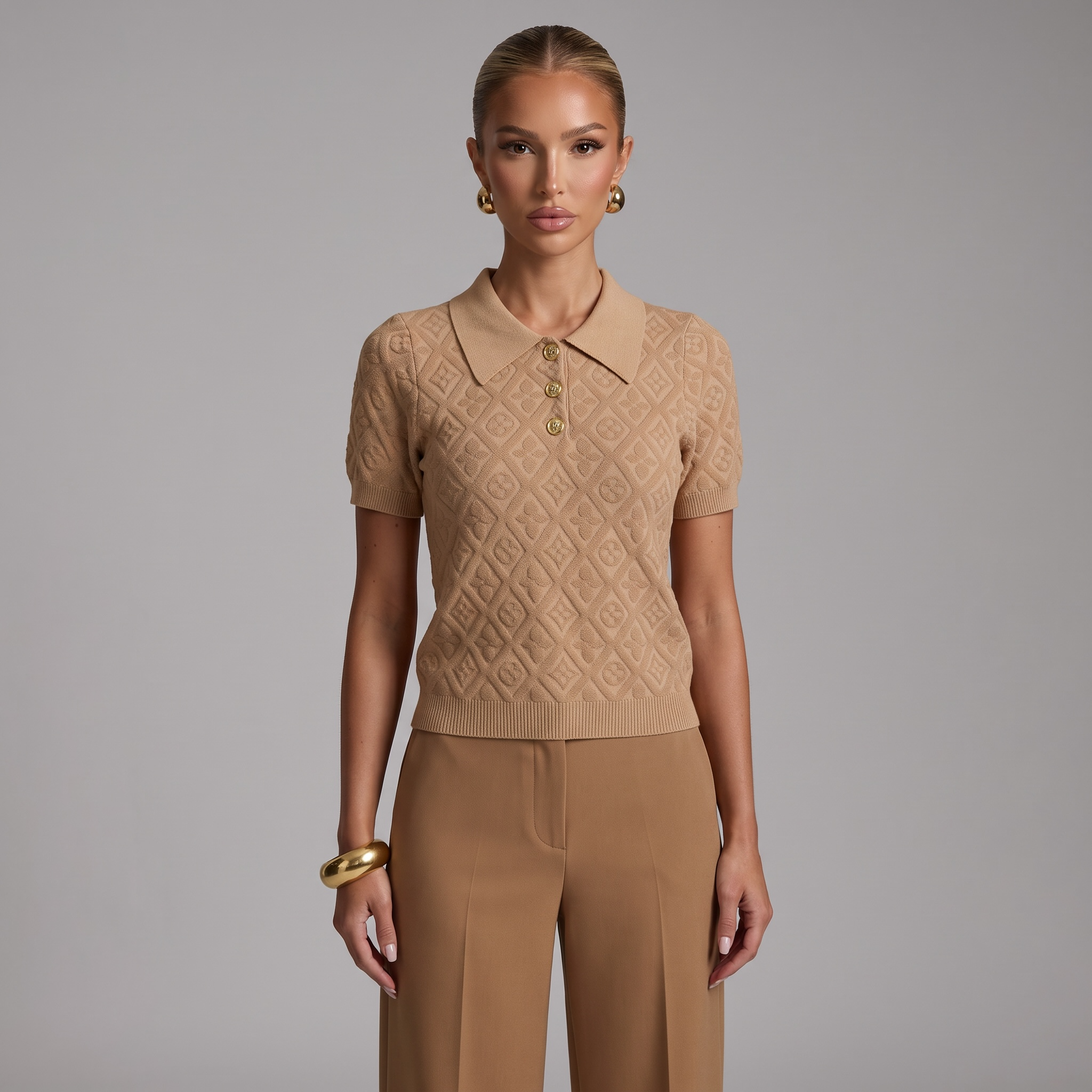 🤎 Louis Vuitton Monogram Knit Polo Top | Camel | One Size