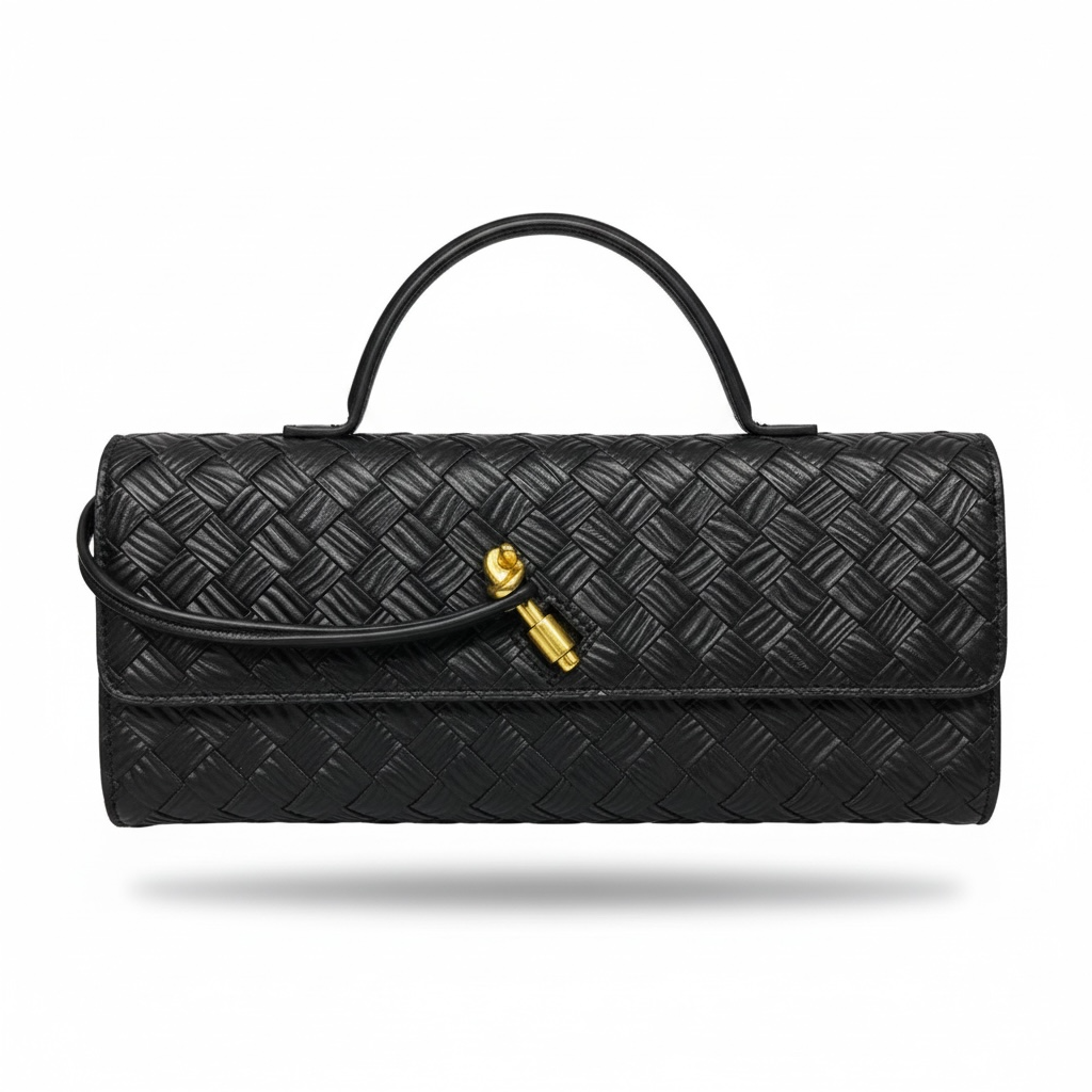🖤 Bottega Veneta Black Intrecciato Knot Clutch – Luxury Woven Evening Handbag ✨