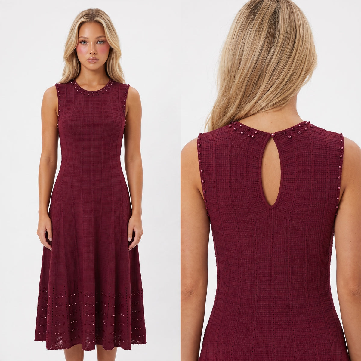 Sleeveless burgundy midi dress with pearl trim and keyhole back