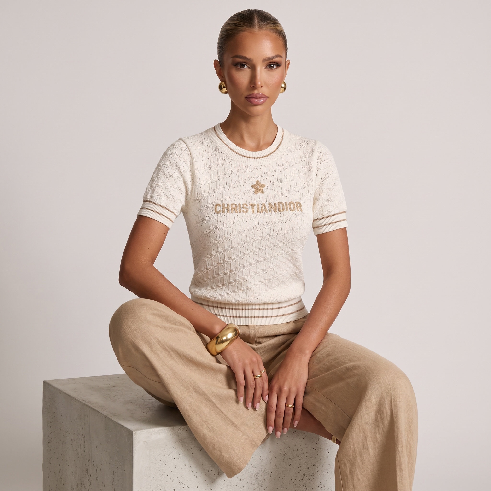 🤍 Christian Dior Textured Knit Short Sleeve Sweater – Ivory ( one size )