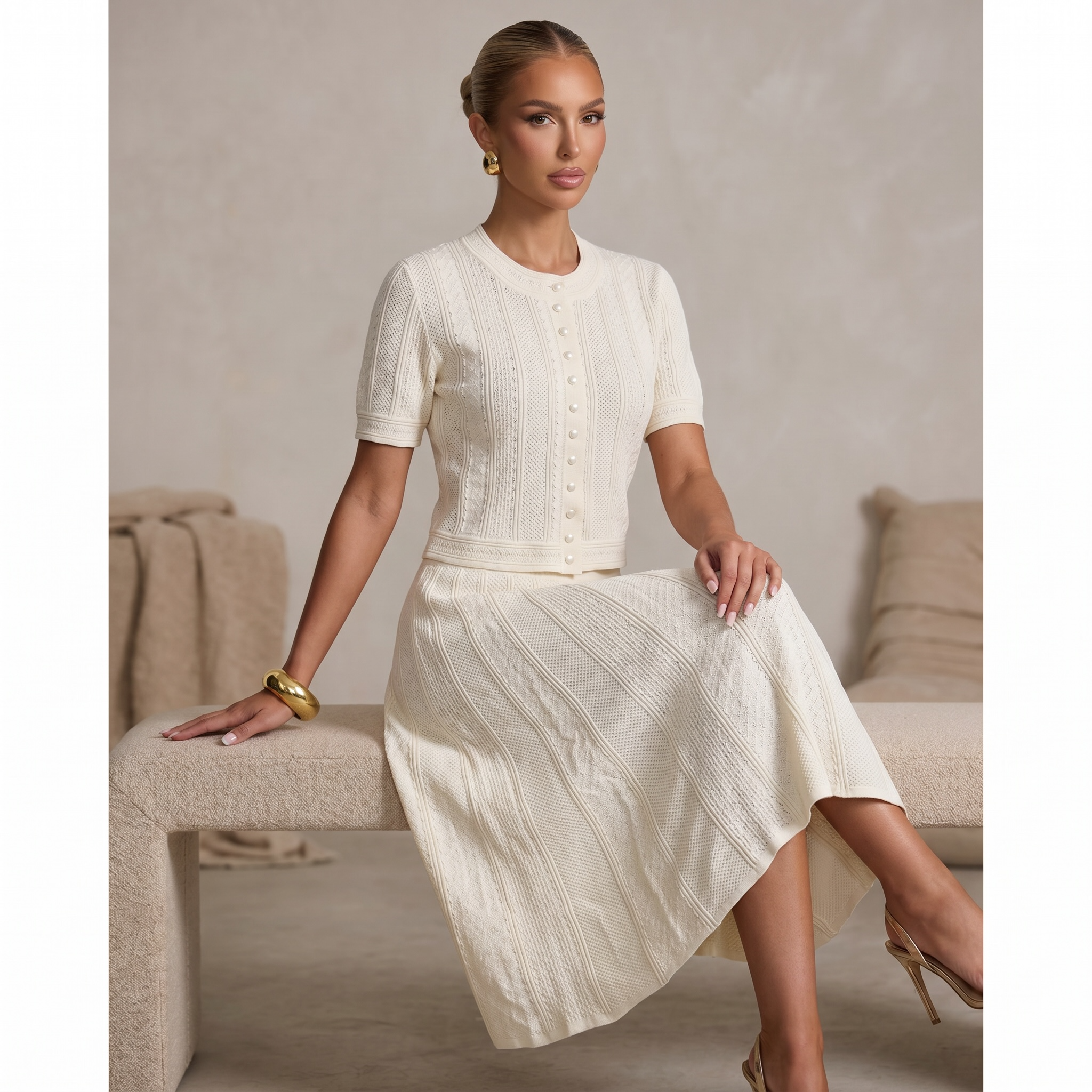 Sandro Cream Knit Two-Piece Skirt Set with Pearl Buttons 🤍✨