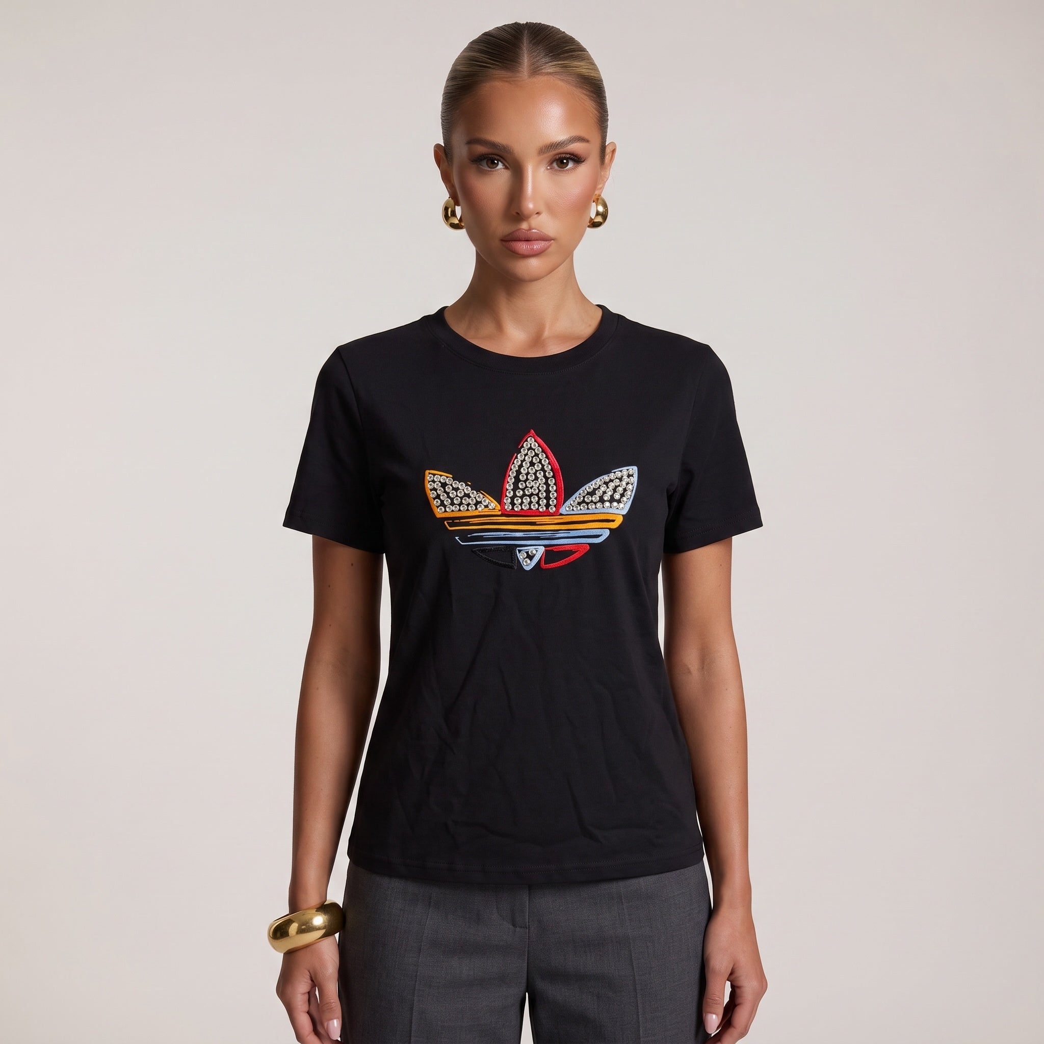 Black Adidas t-shirt with crystal embellished multicolor trefoil logo