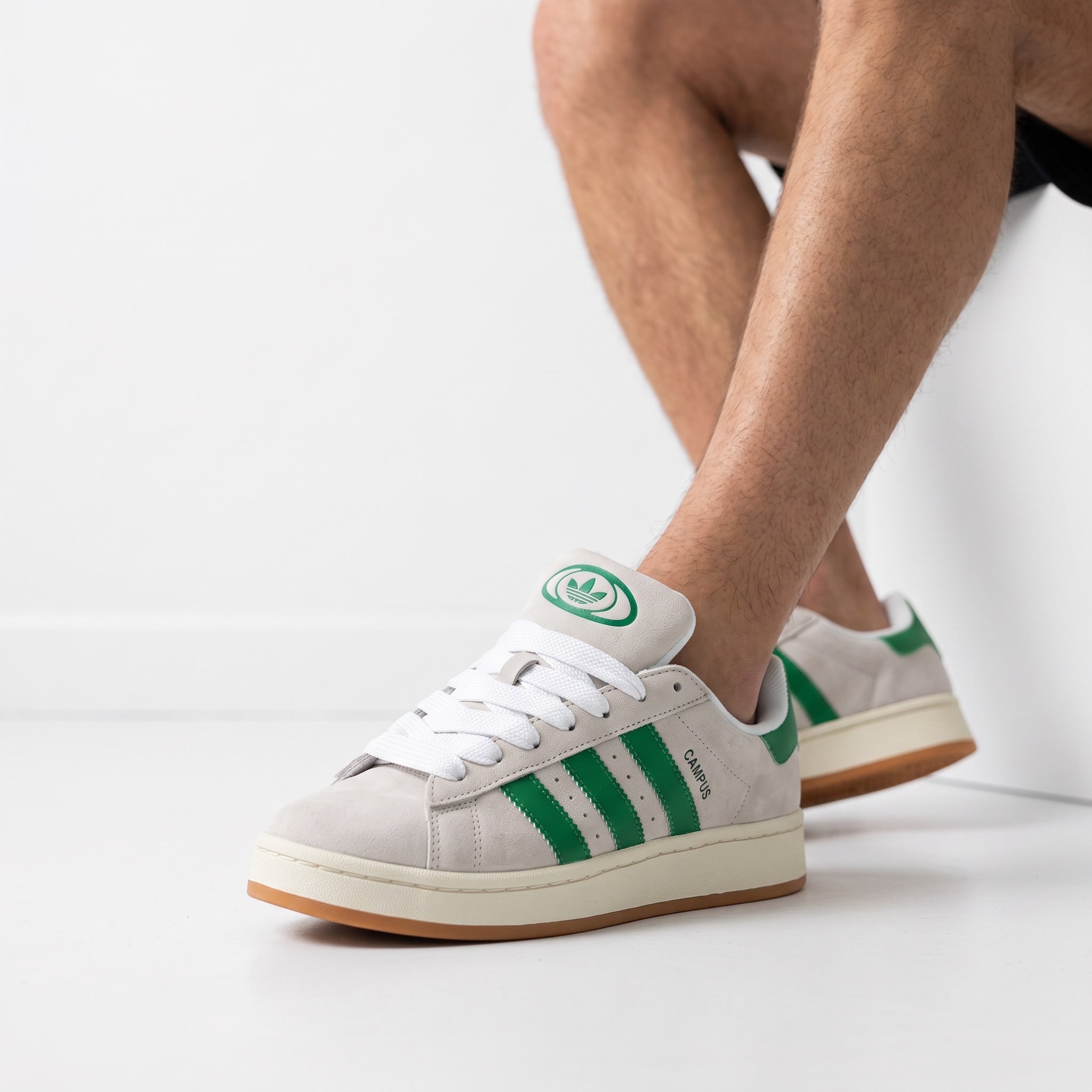 Adidas Campus low-top sneakers light grey with green stripes and gum sole